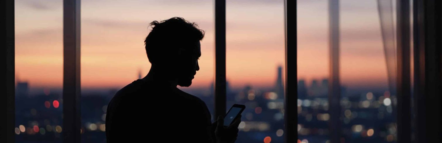 Silhouette d'un homme utilisant un téléphone devant une fenêtre avec vue sur la ville au crépuscule